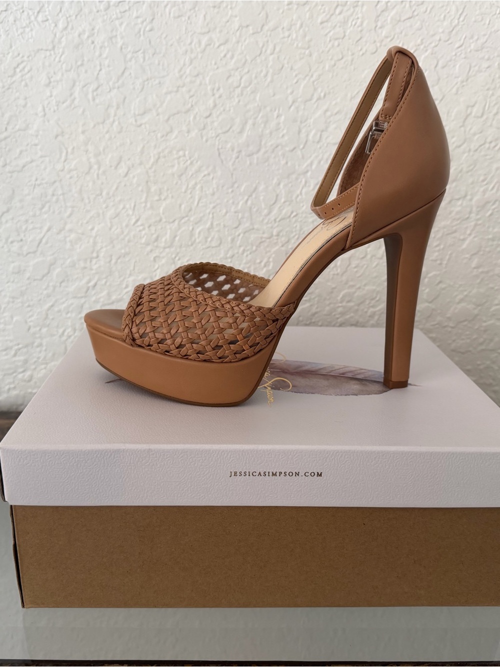 Jessica Simpson Tan Woven Platform Stiletto Sandals